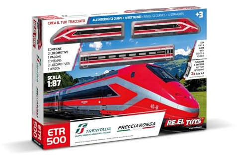 Pista Trenitalia Frecciarossa ETR 500E Scala 1:87 con luci e Suoni - Treno Giocattolo 1 locomotive 1 vagoni e 3 tracciati binari- Funzionamento a Batteria + omaggio portachiave cubo
