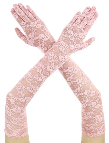 Rosa Spitze Handschuhe Lang für Damen Elegant Tee Party Lang Spitzenhandschuhe Rosa 1920er Jahre Verlobungskleid Party Tanz Oper Halloween Schwarz Handschuhe für Damen