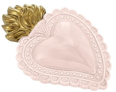 Baroni Home Cœur Sacré Ex-Voto en Céramique Peinte à la Main avec Flamme, Art Sacré Traditionnel, Décoration Murale pour la Maison, Rose Poudré, 16x11 cm