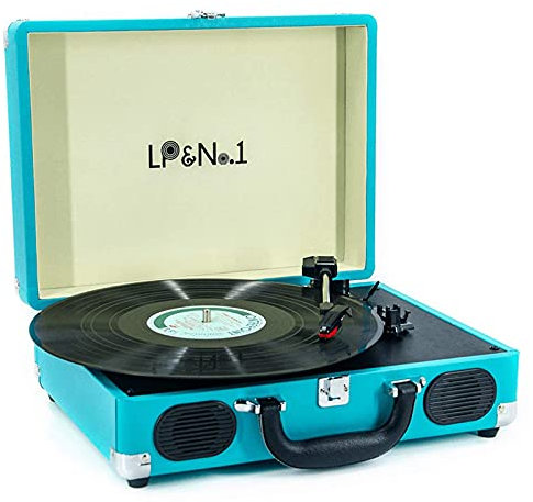 Tocadiscos portátil vintage con Bluetooth de 3 velocidades, tocadiscos con forma de maleta, tocadiscos con soporte para reproducción de discos de vinilo de 7, 10 y 12 pulgadas, conector para auricular