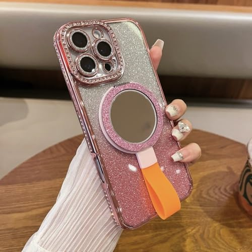 PYYLTTP Rotating magnetic for 16 15pro phone case Mirror stand tpu protective case for iPhone14 13Promax Glitter,powder,For iPhone 16 Plus