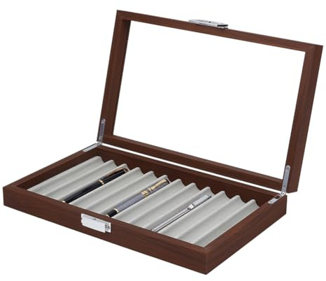 OLYCRAFT boîte d’affichage en bois noyer 12 fente stylo plume organisateur avec stylo transparent boîte d’affichage stylos plume vitrine fontaines boîte rangement boutique accueil père présent