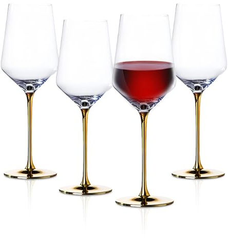 Eidoct Luxury Gold-Plated Stemmed Wine Glasses Set of 4, 500ml Large Capacity for Home and Banquet Use, Gold-Plated Stem Base for Durability, Ideal for Wedding and Holiday Gifts