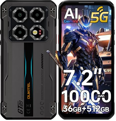OUKITEL WP60 5G Teléfono Móvil Resistente 7.2HD+ 120Hz, 36GB RAM + 512GB ROM/2TB Móvil Irrompible, Batería 10000mAh/33W Movil Rugerizado, 108MP+32MP Smartphone, Huella Digital/Dual SIM/NFC/GPS, Negro