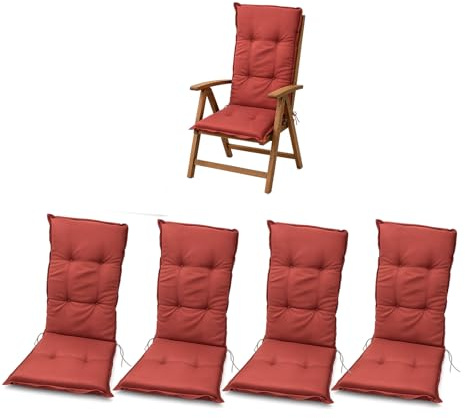 Hochlehner Auflagen 4er Set 117x49x6cm Rot Gartenstuhl Polster Sitzauflagen | BURI Hochlehnerauflage wetterfest mit Schaumkern, Vollvlies und Bindebändern für Balkon, Terrasse und Gartenmöbel