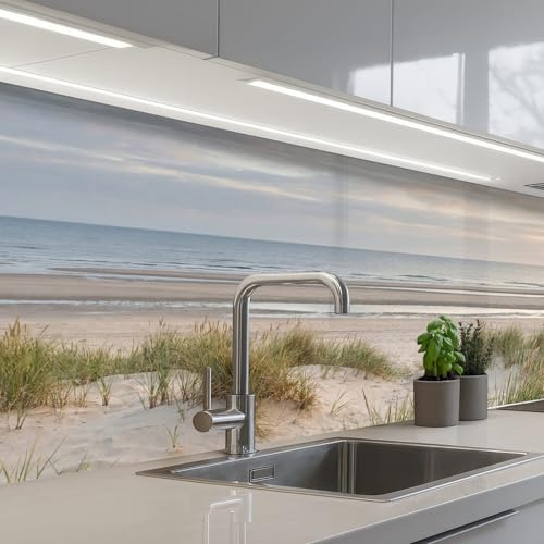 KitchenYeah© Spritzschutz Küche Küchen Rückwand Küchendeko Wand Wandschutz | 80x150 cm - Selbstklebend Backsplash Kitchen Peel And Stick Sandstrand - Bewölkt - Dünen