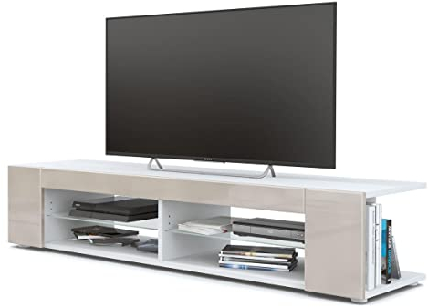 Vladon Lowboard Movie, TV-Kommode mit 4 offenen Fächern und Zierleisten, Weiß matt/Sandgrau Hochglanz (134 x 29 x 39 cm)