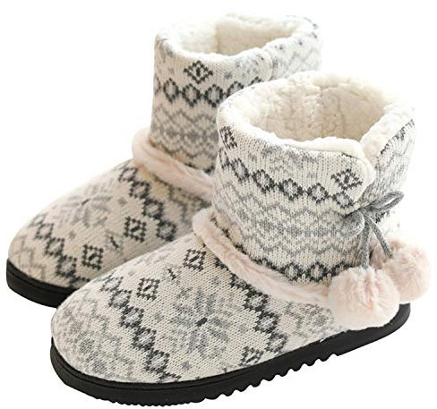 TQGOLD® Zapatillas de Estar por Casa Mujer Bota Pantuflas Cerradas Invierno Interior Antideslizante Suaves Peluche Bootie Gris Talla 37 38