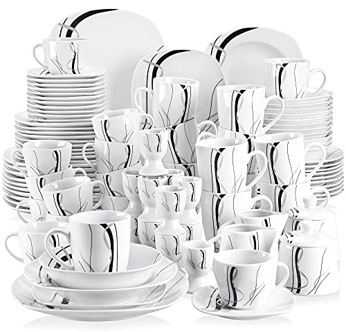 VEWEET FIONA 100-tlg Geschirrset 12 Pers, Porzellan Geschirr Set bestehend aus Speiseteller, Dessertteller, Suppenteller, Müslischalen, Kaffeebecher, Kaffeetassen Set, Eierbecher, Milch- und Zuckerset