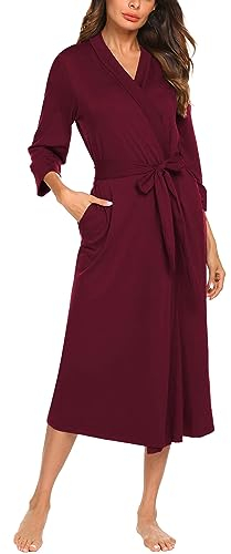 UNibelle Damen Morgenmantel lang leicht Kimono maxi Dünn Saunamantel weich Robe Tasche Frauen Hausmantel dark Red XXL