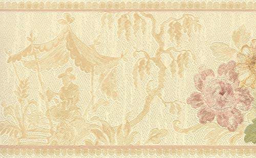 Dundee Deco BD6173 Tapeten Bordüre, vorgekleistert, Blumenmuster, Beige, Grün, Gold blühende Rosen, Mirage Wandbordüre, Tapetenbordüre Retro-Design, 4,57 m x 13,34 cm