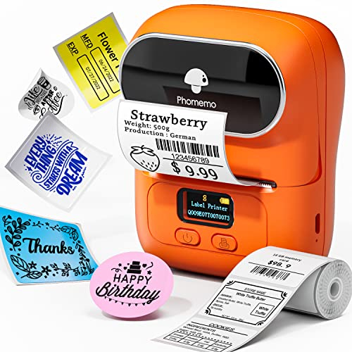 Phomemo M110 Bluetooth Etikettendrucker Etikettiergerät,Tragbarer Beschriftungsgerät Selbstklebend Labeldrucker für Barcode,Einzelhandel,Adresse,Büro und kleine Unternehmen,für Android & iOS -Orange