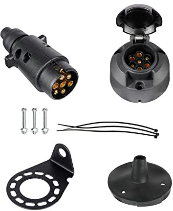 BEIJISTAR Kit de Fiche et Prise Remorque 7 Broches avec Joint en Caoutchou et Support de Montage en Métal, 12V Étanche Connecteur Prise Remorque Mâle et Femelle, pour Caravane Voitures RV Bateau
