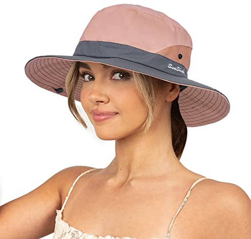 Chapeau de soleil pour femme - Protection UV - Chapeau de plage à large bord en maille avec trou pour queue de cheval - Pliable et pliable, rose, Taille M