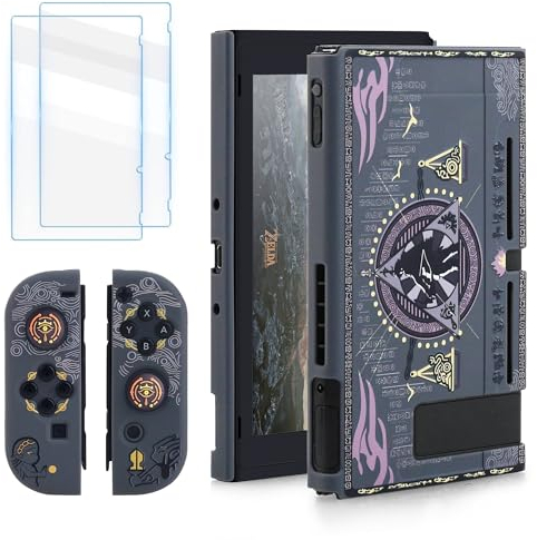 RHOTALL Hartschale kompatibel mit Nintendo Switch für Legend of Zelda Style Schutzhülle Set für Switch und Joycon Controller mit 2 Displayschutzfolie und 2 Themen-Daumenkappen