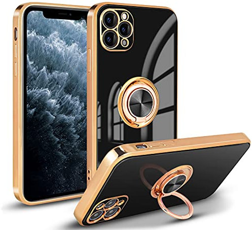 Newseego Compatible iPhone 11 Case, Electroplated Soft Silicone Shockproof Protective Cover 360 Degree with Rotation Magnetic Car Finger Ring Holder - Black