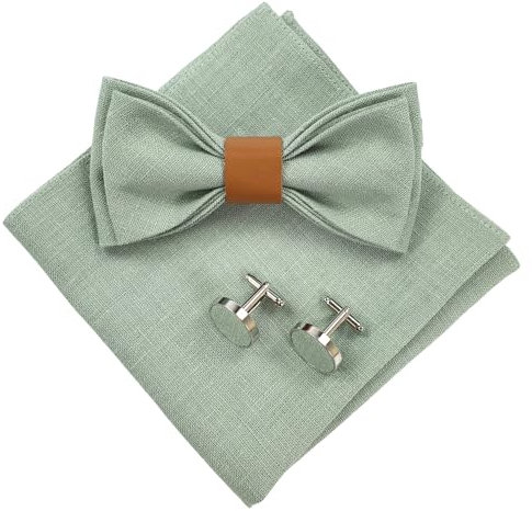 Leinen Accessoires: Fliege mit Leder, Hosenträger mit Leder, Einstecktuch, Manschettenknöpfe für Herren (g) Fliege, Einstecktuch und Manschettenknöpfe, Helles Salbeigrün)