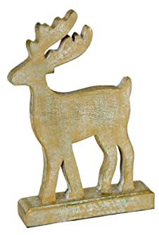 finehomegarden Hirsch Holz Elch Patina/Gold 16x5H25cm Weihnachtsdeko Rentier Skulptur Figur Weihnachten Deko