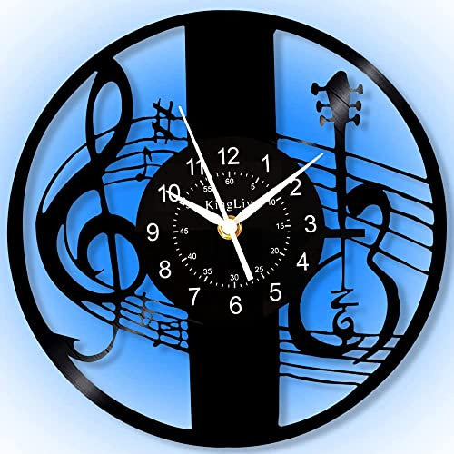 Smotly Vinyl-Wanduhr, Musikgitarren-Muster mit 7 Farben Nachtlichtfunktion, Wanduhr Geschenk für Radsport-Musikliebhaber. 30 cm x 30 cm, Schwarz