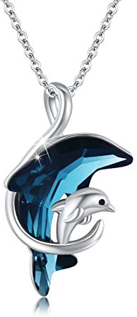OHAYOO Delphin Kette 925 Sterling Silber Delphin Anhänger Halskette mit Blau Kristall Tier Kette Delphin Schmuck Weihnachten Geschenke für Damen Frauen