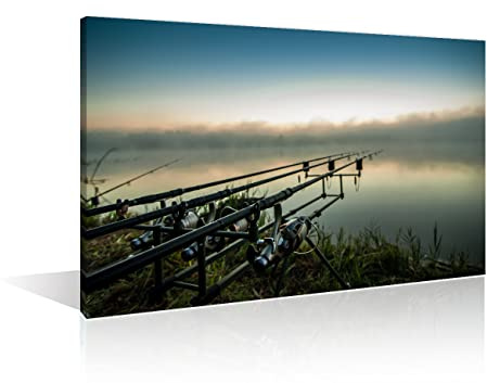 1 Stück Angelausrüstungs-Wanddekoration, Angler bei Sonnenuntergang ist Angeln mit Karpfenangeltechnik, Leinwandbild, Schwarz-Weiß, Wandkunst, Poster und Drucke, gespannt und gerahmt, fertig zum