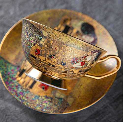 DECRZPB Set di tazze e piattini da caffè in ceramica Klimt Kiss Set di tazze da caffè e piattini in ceramica Klimt piatto per tazza di succo di latte regalo di compleanno per ufficio e casa