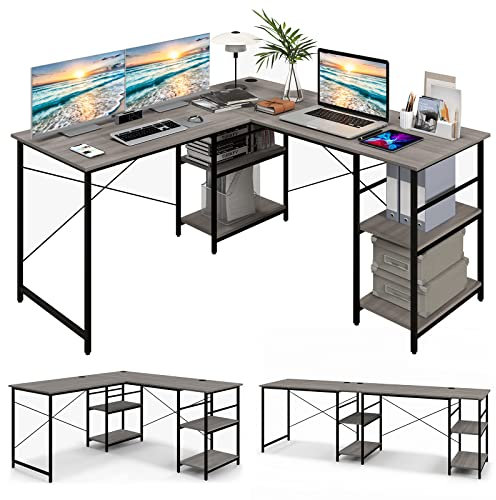 CASART Computer Desk, L-Shaped Corner Desk Writing Desk with 2 CPU Stand, Home Office PC Laptop Table Computer Workstation (Grey)