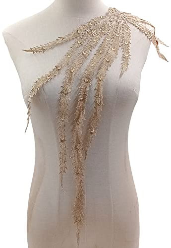 Wambere Bestickte Phönixschwanz Kragen Applikation,Stickerei Patch Phönixschwanz Applique Patches Einsatzkragen für Nähen Handwerk Kostüm Hochzeitskleid Brautkleid Deko,Bronze