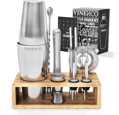 Cocktail Shaker Kit Boston avec Support + Livre Cocktail + d'Accessoires Professionnel: INOX Qualité Extra, Bar Ensemble: Cuillère a Mélange Pilon Jigger Paille | Gin Mojito Set Cadeau Femme Homme