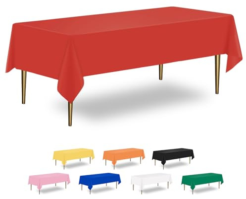 XHDA 6 Pack Red Disposable Tablecloth, 54 x 108 Inch, Rectangular Plastic | PEVA Material, Wipeable Waterproof Surface, Stain Resistant, Cut to Size Design, for Kids Parties, Birthdays and Events