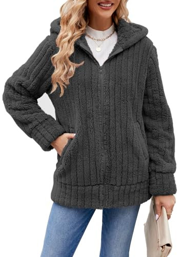 ABYOVRT Felpe con Cappuccio Donna Oversize Teddy Bear Felpa in Pile Caldo Autunnale Invernale Cappotti Elegante Media Lunga Pile Donna con Zip,Grigio,XL
