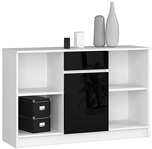 AKORD Kommode B-17 120 cm | 1 Tür und eine Schublade | für Wohnzimmer Schlafzimmer Schrank Wohnzimmer | Modernes Funktionelles Design | 16 mm laminierte Platte Farbe Weiß/Schwarz glänzend