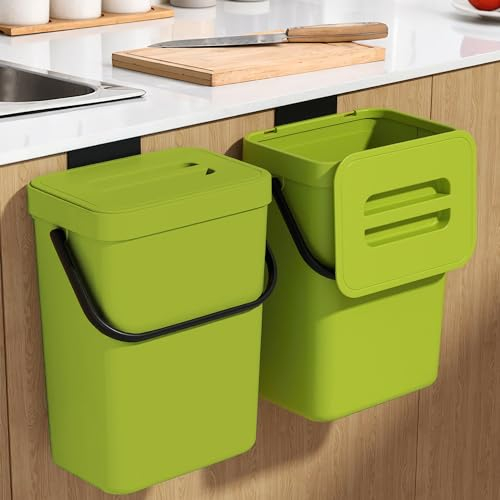 MONGTINGLU Kitchen Compost Bin - 3.2 Gallons Hanging Trash Can with Lid for Kitchen Bathroom, Under Sink Trash Can, Outdoor Compost Bucket with Lid, 12L(Lime Green)
