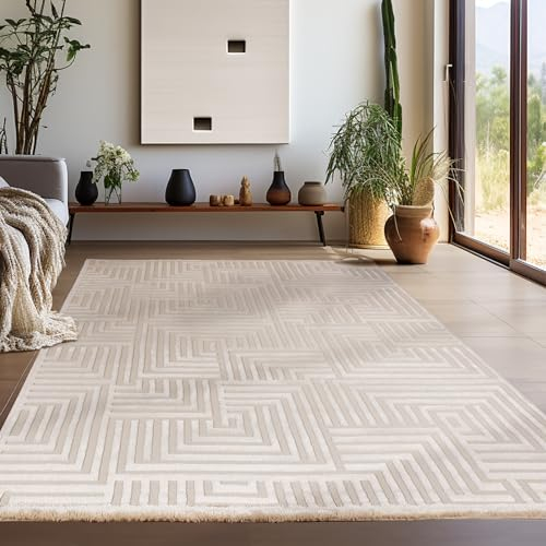 Teppium Moderner Kurzflor Teppich Wohnzimmer 140 x 200 cm Beige - 3D Boho Teppich Waschbar, Skandinavisches Stil, Geometrisch und Weich - für Schlafzimmer, Esszimmer oder Küche