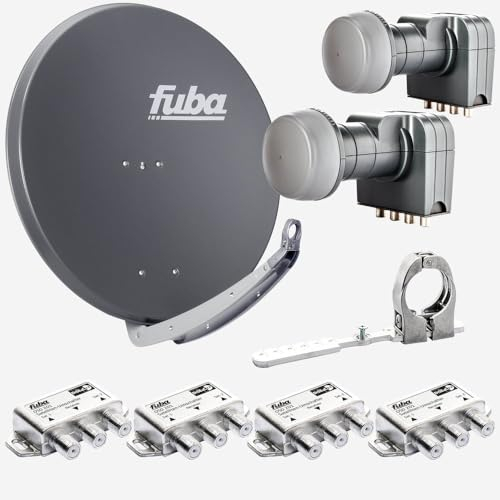 Fuba Sat Anlage 4 Teilnehmer - 2 Satelliten | Satellitenschüssel Komplettset - DAA 850 A Sat-Schüssel 85cm Alu anthrazit + 2X Quad LNB 4 Teilnehmer + Multifeedschiene + 4X DiSEqC-Schalter(HDTV/4K/8K)