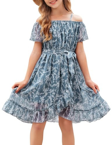 Vestidos para Niñas,Vestido de Chiffon con Flores Sin Mangas,Vestido de Verano con Correa Ajustable,Ocio con Manga Vorta con Volantes para Niñas de 6 a 14 Años
