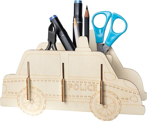 Pebaro 477/4 Holzbausatz Laser Cut Stiftehalter Polizeiauto, 3D Puzzle, Basteln mit Holz, Holzpuzzle, vorgestanzte Holzplatte, inkl. Schmirgelpapier, ausbrechen, zusammenstecken, fertig, Geschenkidee