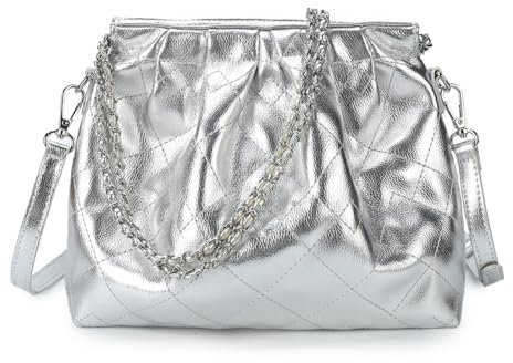 VNFIOEI Sac à main en cuir synthétique pour femme - Grand sac à bandoulière - Motif diamant - Sac à chaîne avec bretelles réglables, argenté, Hobo