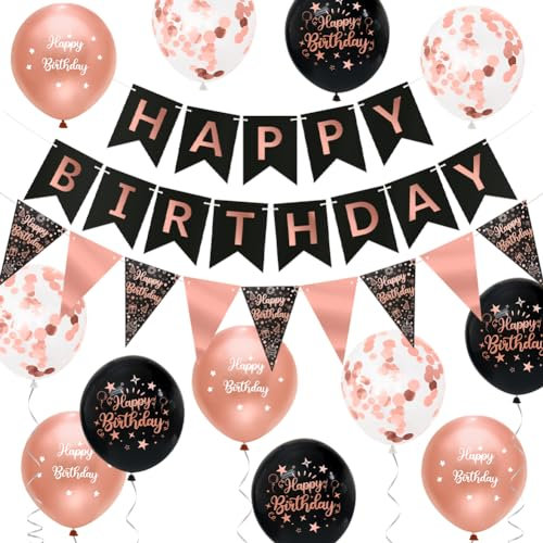 Happy Birthday Banner for Girls Women Birthday Party Decorations Black Rose Gold Birthday Decorations for Women Girls with Thick 12 Inch Black Rose Gold Birthday Party Balloons by Wonsta
