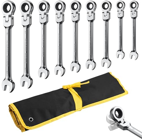 AMTOVL Flex-Head Ratcheting Wrench Set - 9Pcs Combination Wrench Set, 180° Head, Metric 6-19mm, 12 Point, HRC50 CR-V, Box End and Open End Wrench for Tight Spaces