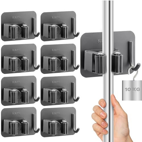 M JINGMEI Mop Holder Wall Mounted, 8 Pcs Stainless Steel Self Adhesive Mop Broom Holder with Hooks Hanger Self-Adhesive Broom Holder for Office, Closet, Garden Garage, Bathroom, Kitchen (Dark Grey)