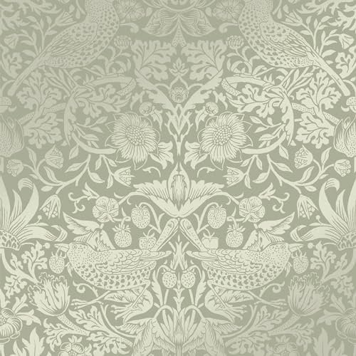 William Morris At Home Strawberry Thief Fibrous Sage Vliestapete 10mx52cm | | Einfach anzubringen und zu Entfernen 1005 x 52