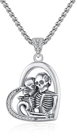 YueYuan Schädel Halskette 925 Sterling Silber Herzform Totenkopf Anhänger Skull Kette Gotisch Schmuck Geschenke für Männer Frauen Jubiläum Halloween Party