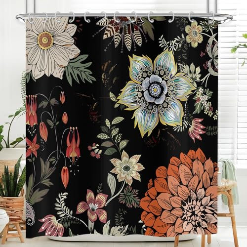 Hnmdmyi Duschvorhang Schwarz Boho Blumen 120x180, Vintage Bunte Abstrakte Böhmische Blumen Badewanne Vorhang Mid Century Modern Ästhetische Kunst Wasserdicht Polyester Stoff Waschbar Badevorhang