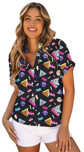 tiorhooe 80s 90s Hawaiian Shirt for Women Summer Retro Hawaiian Short Sleeve Shirts Ladies Vintage Button Down Tops