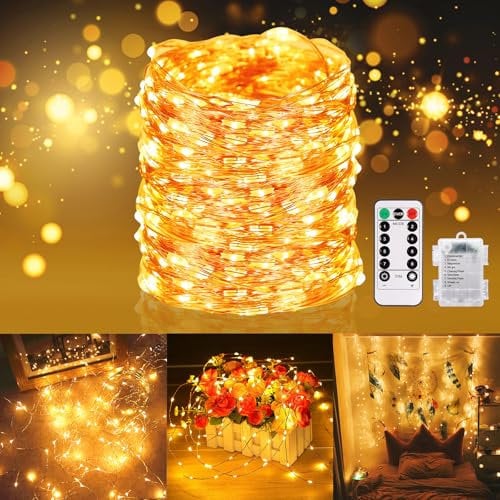 GreenClick Fairy Lights Battery Operated, 20.5m 200 LED Copper Wire Battery String Lights,Fairy Lights 4.5V IP65 Waterproof Indoor for Bedroom Christmas Decorations(Warm White,Battery Box is IP44)
