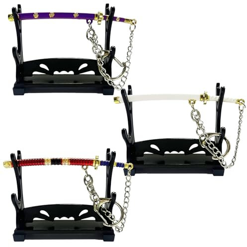 Alppihym Anime Schlüsselanhänger Set - 3 Mini-Katana-Schwerter(9cm) - Zoro's 3 Schwerter: Wado Ichimonji, Sandai Kitetsu, Shusui - One Piece Merch - Deko Geschenk