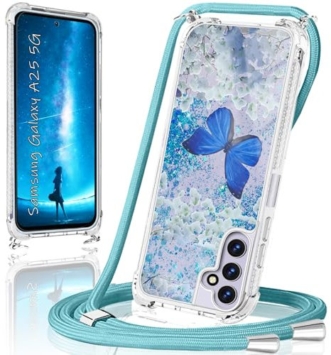 Coque pour Samsung Galaxy A25 5G avec Cordon, Coque Glitter pour Samsung A25 avec Collier Housse Ultra Fine TPU Original Transparent Silicone Téléphone Portable A25 5G Samsung Bling Antichoc Case