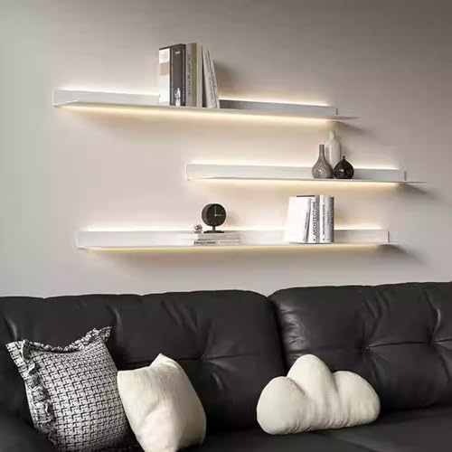 HJDSUDU Wandregale Schwebende Regale, Ausstellungsregal mit eingebautem beleuchtetem LED-Licht, 1 Stück an der Wand montierte lichtemittierende Metallregale, für Wohnzimmer,Weiß,60cm/24in
