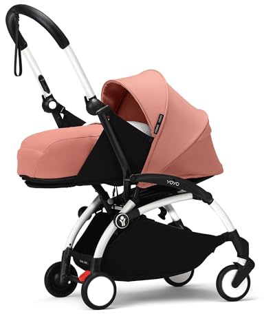 Stokke YOYO3 Gestell (Weiß) mit 0+ Neugeborenen Set (Ginger) - Inklusive Matratze, Fünfpunktgurt, ausziehbarem Verdeck, gepolsterte Schultergurte & schützende Aufbewahrungstasche